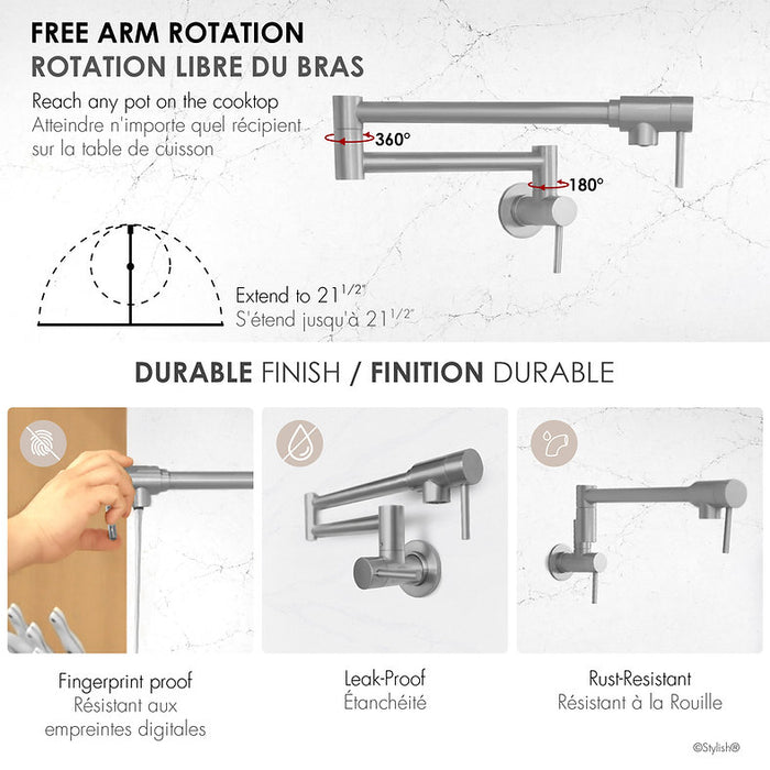 STYLISH-ASTI Wall Mount Pot Filler Folding Stretchable with Single Hole Two Handles -STANLESS STEEL - Construction Commodities Supply Inc.