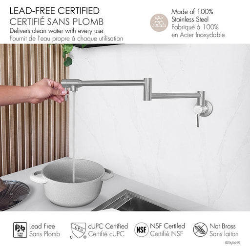 STYLISH-ASTI Wall Mount Pot Filler Folding Stretchable with Single Hole Two Handles -STANLESS STEEL - Construction Commodities Supply Inc.