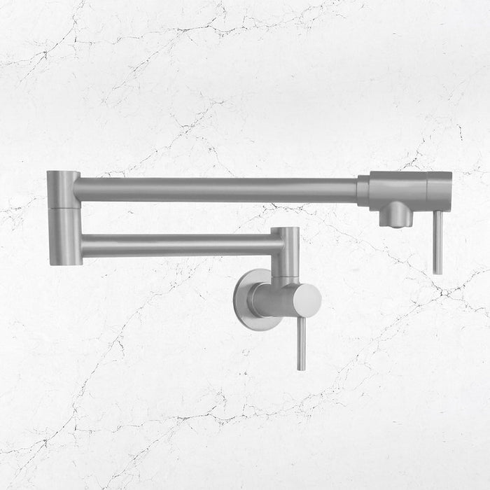 STYLISH-ASTI Wall Mount Pot Filler Folding Stretchable with Single Hole Two Handles -STANLESS STEEL - Construction Commodities Supply Inc.