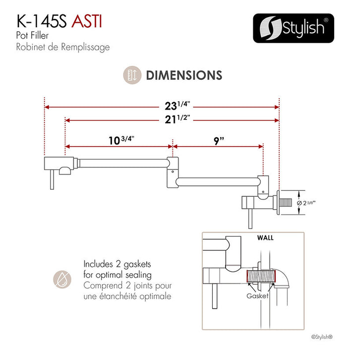 STYLISH-ASTI Wall Mount Pot Filler Folding Stretchable with Single Hole Two Handles -STANLESS STEEL - Construction Commodities Supply Inc.