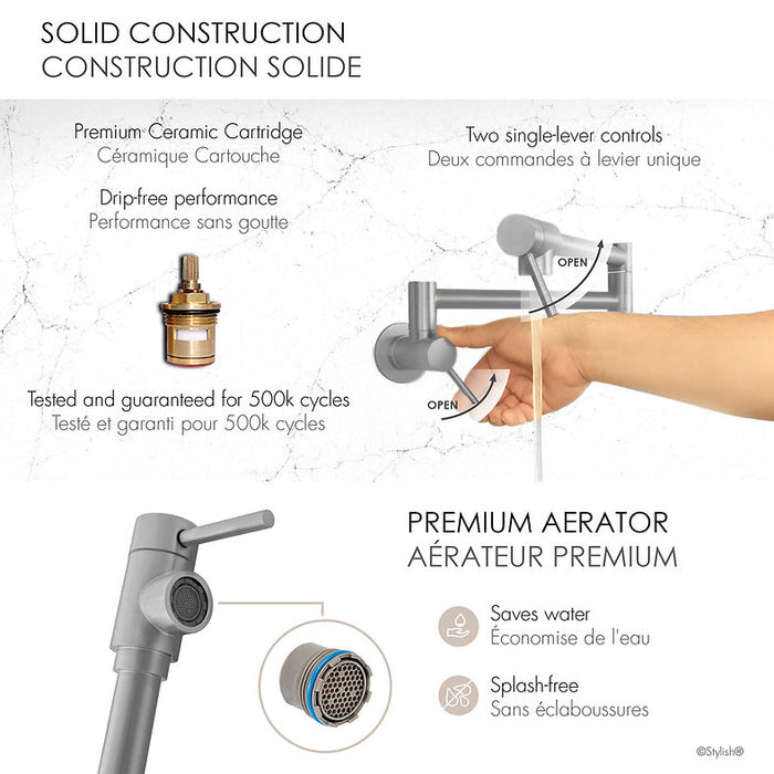 STYLISH-ASTI Wall Mount Pot Filler Folding Stretchable with Single Hole Two Handles -STANLESS STEEL - Construction Commodities Supply Inc.