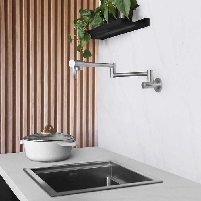 STYLISH-ASTI Wall Mount Pot Filler Folding Stretchable with Single Hole Two Handles -STANLESS STEEL - Construction Commodities Supply Inc.