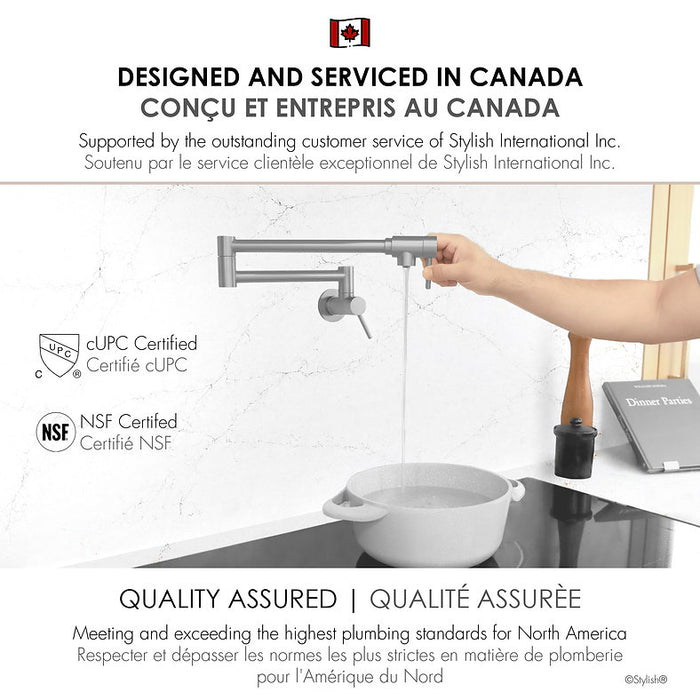 STYLISH-ASTI Wall Mount Pot Filler Folding Stretchable with Single Hole Two Handles -STANLESS STEEL - Construction Commodities Supply Inc.