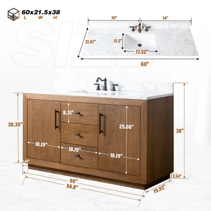 GLORIA- 60x22x34’’ Single Sink Bathroom Vanity in Tan with Arabescato White Top