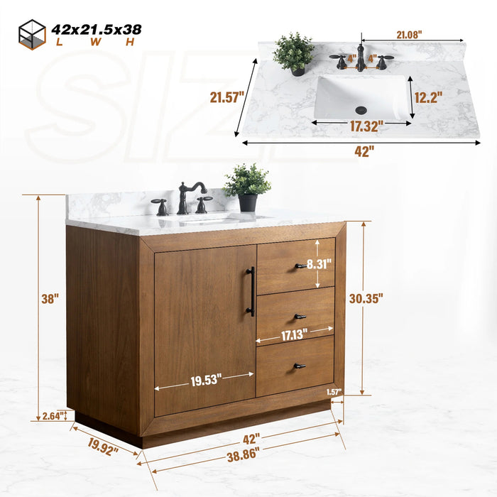 GLORIA- 42x22x34’’  Bathroom Vanity in Tan with Arabescato White Top