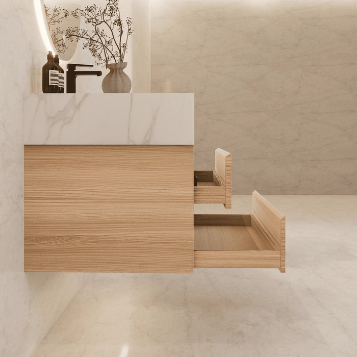 AQUA-36" NATURAL OAK Wall Mount Vanity with Sintered Stone Top - Construction Commodities Supply Inc.