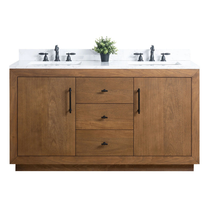 GLORIA- 60x22x34’’ Double Sink Bathroom Vanity in Tan with Arabescato White Top