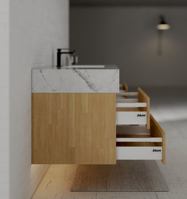 AQUA - 60" Single sink Natural Oak Wall Mount Vanity with Sintered Stone Top