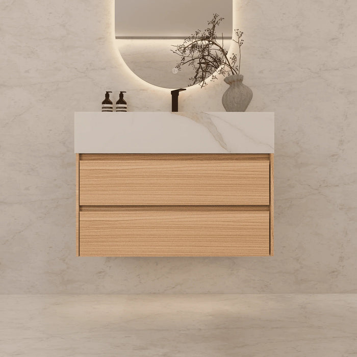 AQUA-32" NATURAL OAK Wall Mount Vanity with Sintered Stone Top - Construction Commodities Supply Inc.