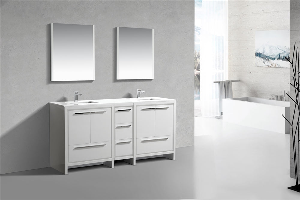 AD72" Double Sink, High Gloss White, Quartz Countertop, Floor Standing Bathroom Vanity