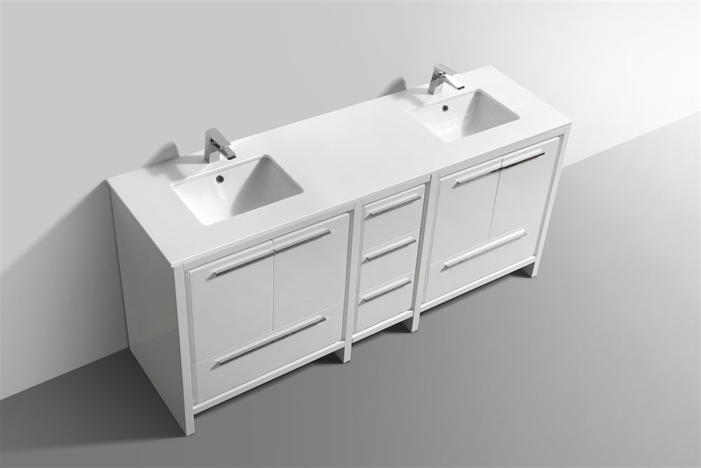 AD72" Double Sink, High Gloss White, Quartz Countertop, Floor Standing Bathroom Vanity