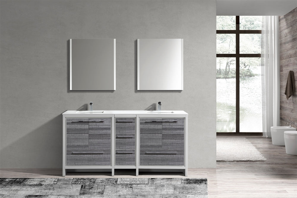 AD72" Double Sink, High Gloss Ash Grey, Quartz Countertop, Floor Standing Bathroom Vanity