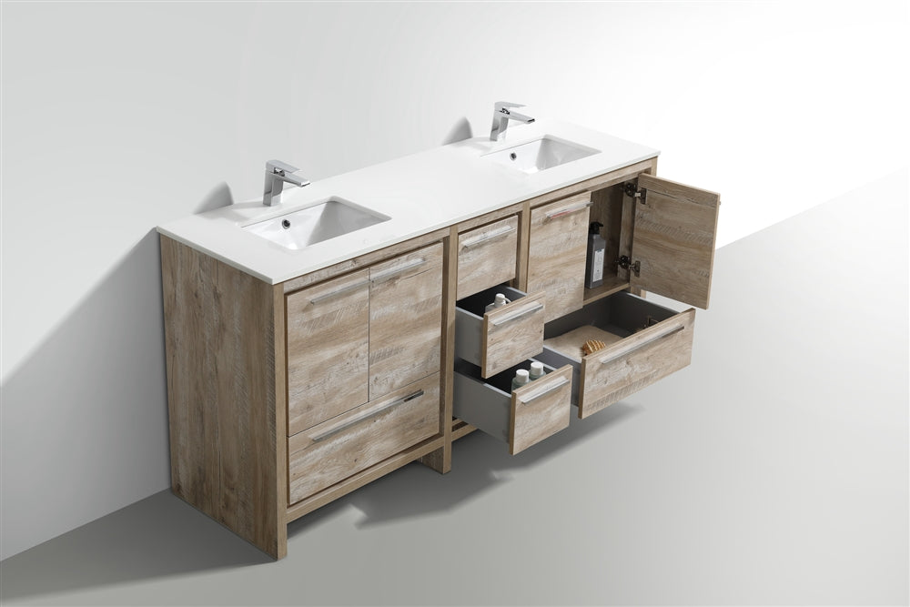 AD72" Double Sink, Nature Wood, Quartz Countertop, Floor Standing Bathroom Vanity