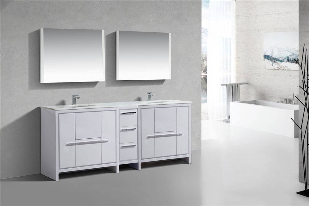 AD84" Double Sink, High Gloss White, Quartz Countertop, Floor Standing Bathroom Vanity