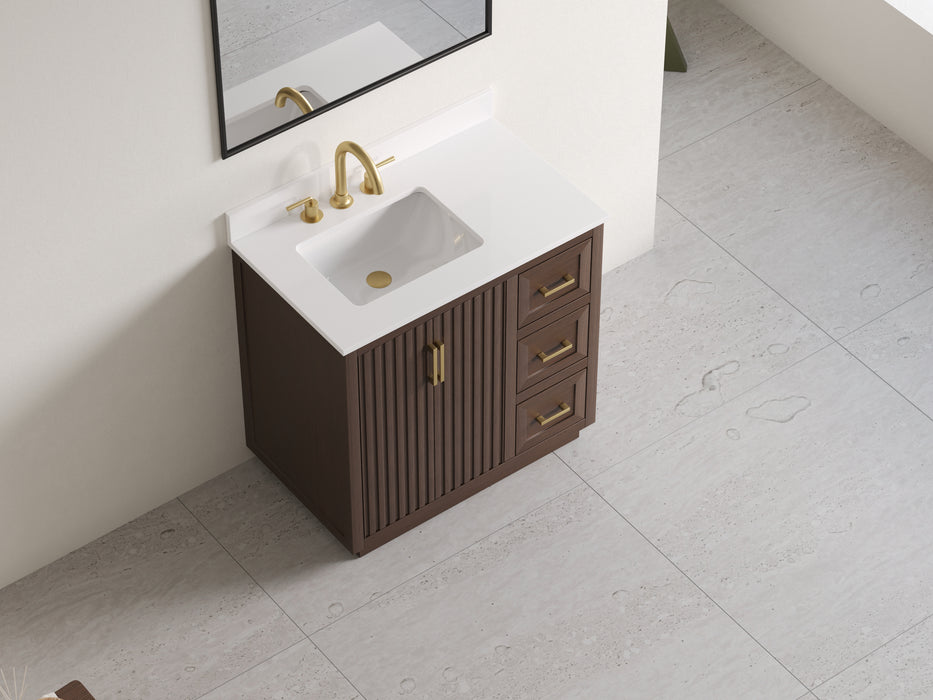 Violet- 36" Walnut , Solid Wood Floor Standing Modern Bathroom Vanity, Quartz Countertop