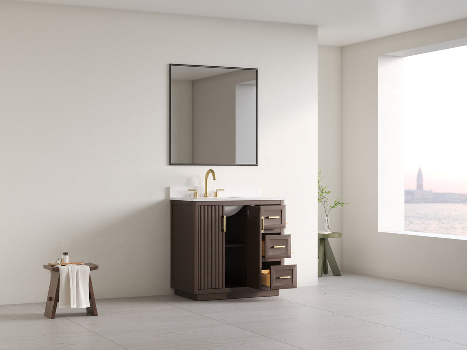 Violet- 36" Walnut , Solid Wood Floor Standing Modern Bathroom Vanity, Quartz Countertop