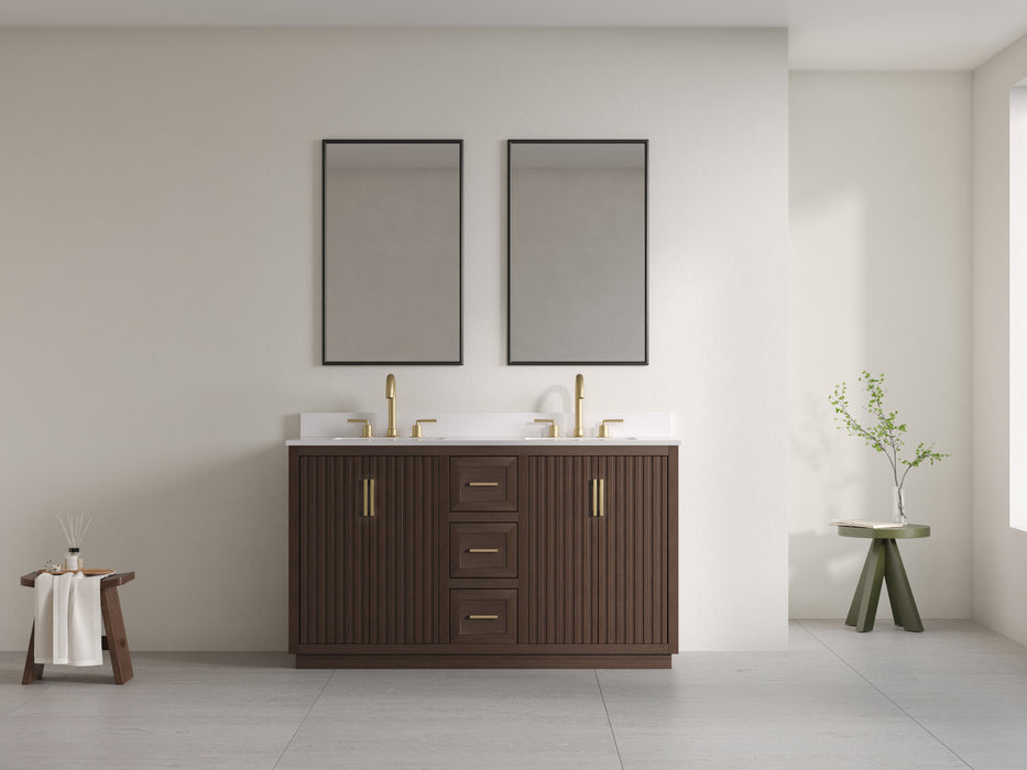 Violet - 60" Double Sink, Walnut ,Solid Wood Floor Standing Bathroom Vanity, Quartz Countertop
