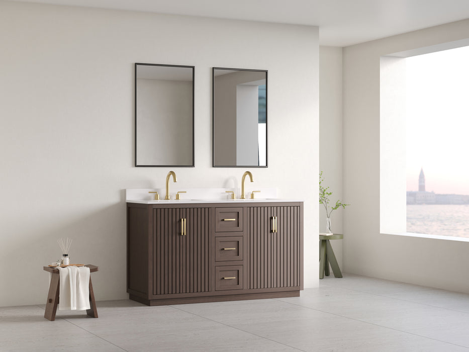 Violet - 60" Double Sink, Walnut ,Solid Wood Floor Standing Bathroom Vanity, Quartz Countertop