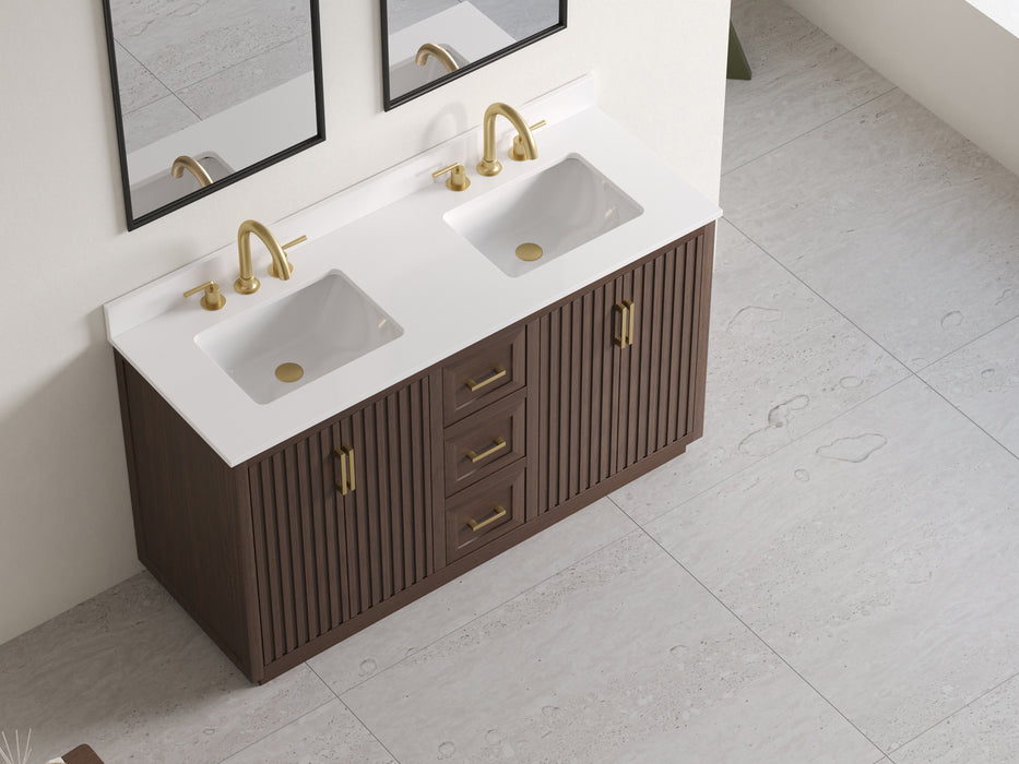 Violet - 60" Double Sink, Walnut ,Solid Wood Floor Standing Bathroom Vanity, Quartz Countertop