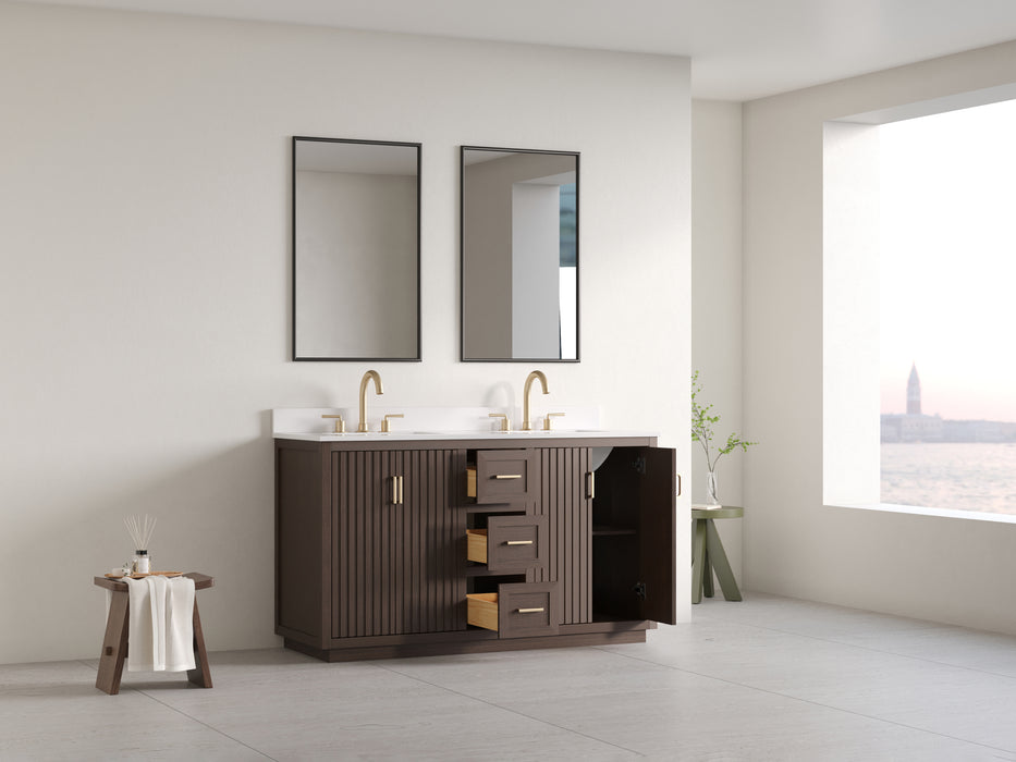 Violet - 60" Double Sink, Walnut ,Solid Wood Floor Standing Bathroom Vanity, Quartz Countertop