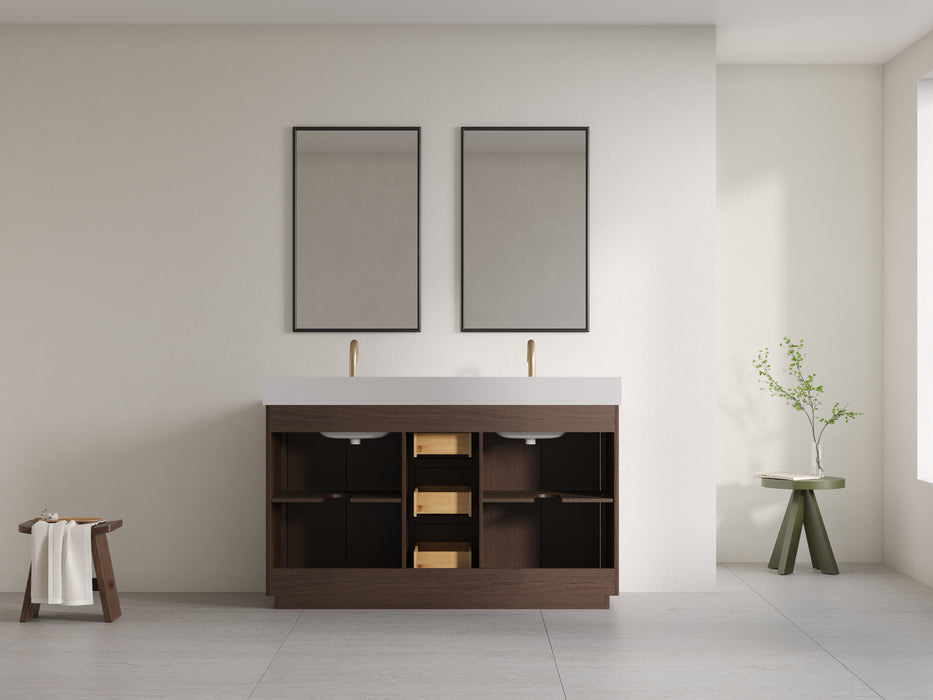 Violet - 60" Double Sink, Walnut ,Solid Wood Floor Standing Bathroom Vanity, Quartz Countertop