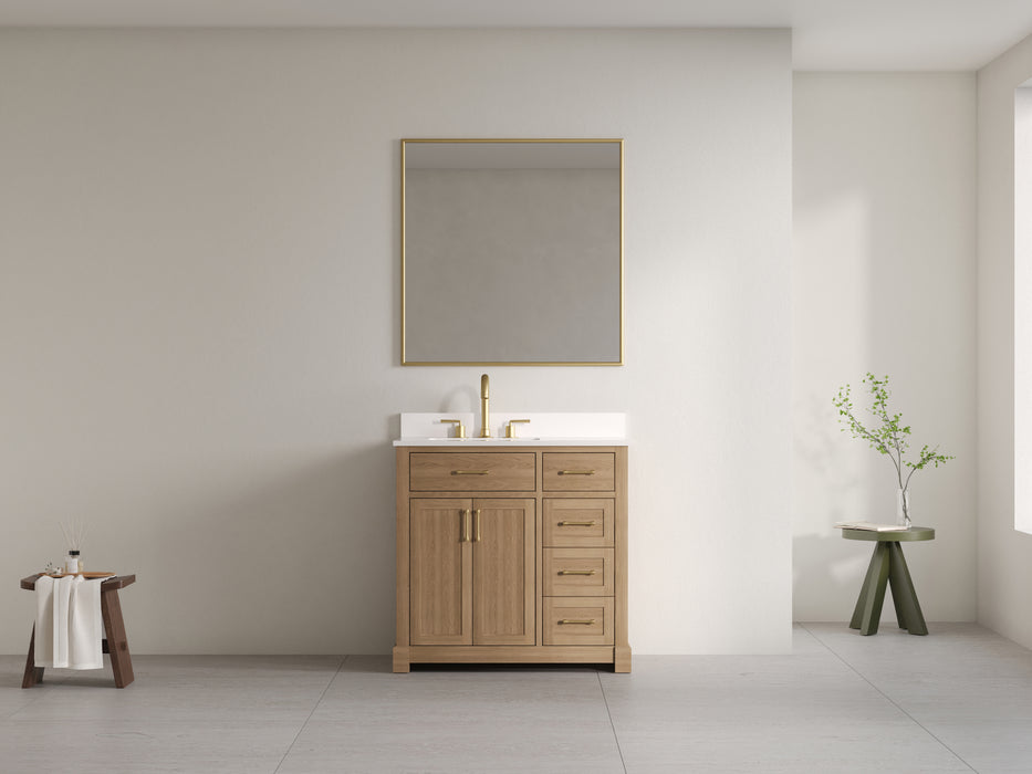 Lotus- 36" Natural Oak , Solid Wood Floor Standing Modern Bathroom Vanity, Quartz Countertop