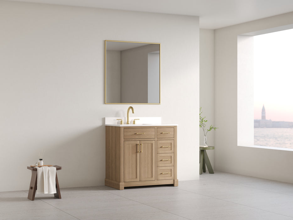 Lotus- 36" Natural Oak , Solid Wood Floor Standing Modern Bathroom Vanity, Quartz Countertop