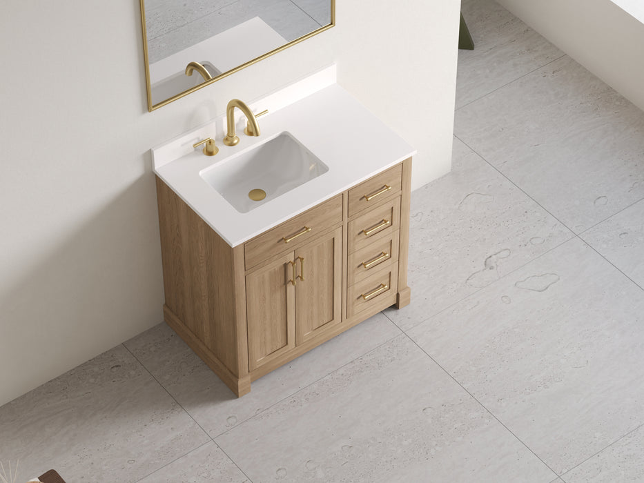 Lotus- 36" Natural Oak , Solid Wood Floor Standing Modern Bathroom Vanity, Quartz Countertop
