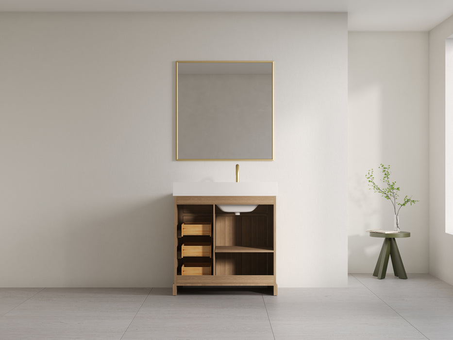 Lotus- 36" Natural Oak , Solid Wood Floor Standing Modern Bathroom Vanity, Quartz Countertop