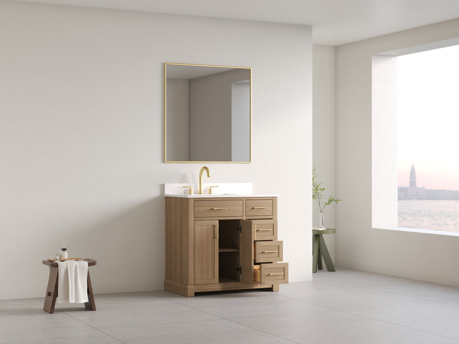 Lotus- 36" Natural Oak , Solid Wood Floor Standing Modern Bathroom Vanity, Quartz Countertop