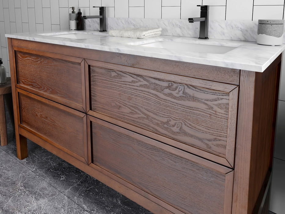 CRAWFORD 60" Walnut ,Double sink ,Solid Wood Bathroom Vanity with Carrara Marble top