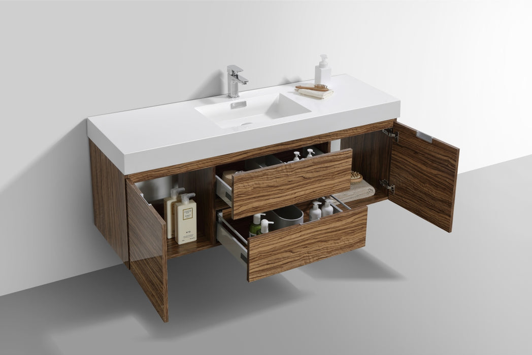 BSL60" High Gloss Chestnut, Single Sink, Wall Mount Bathroom Vanity