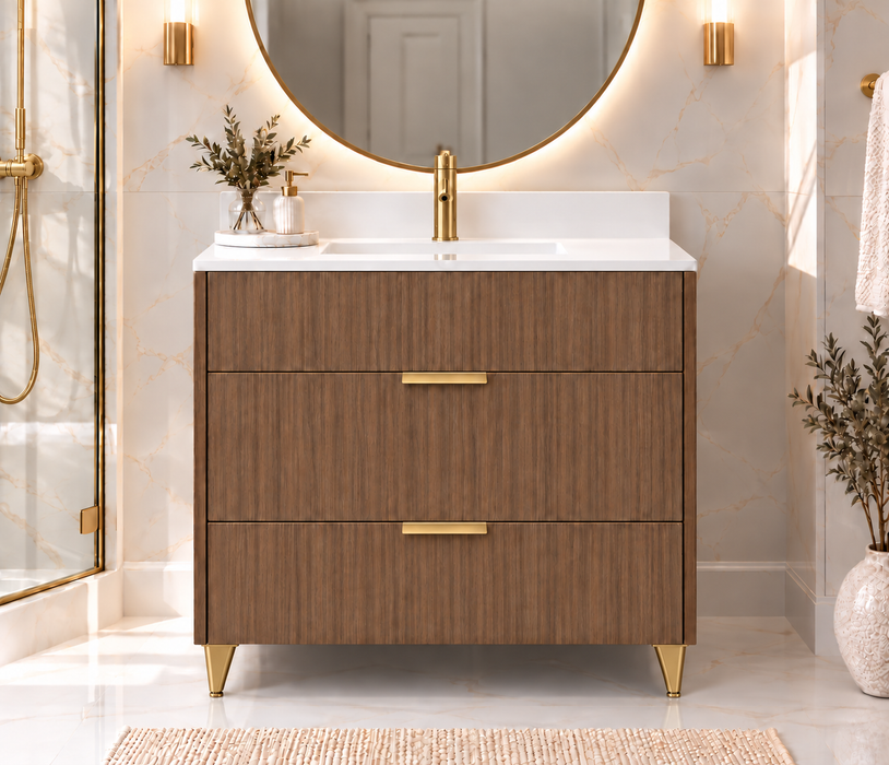 MILANO 36 Inch Dresser Style Light Walnut Bathroom Vanity with Quartz Countertop