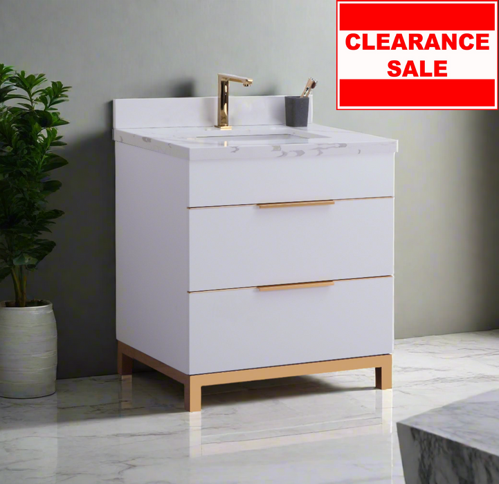 CCS401 - 30" WHITE, Floor Standing Modern Bathroom Vanity, Calcatta Quartz Countertop, Brushed Bronze Hardware """ CLEARANCE- PICK UP IN STORE ONLY """