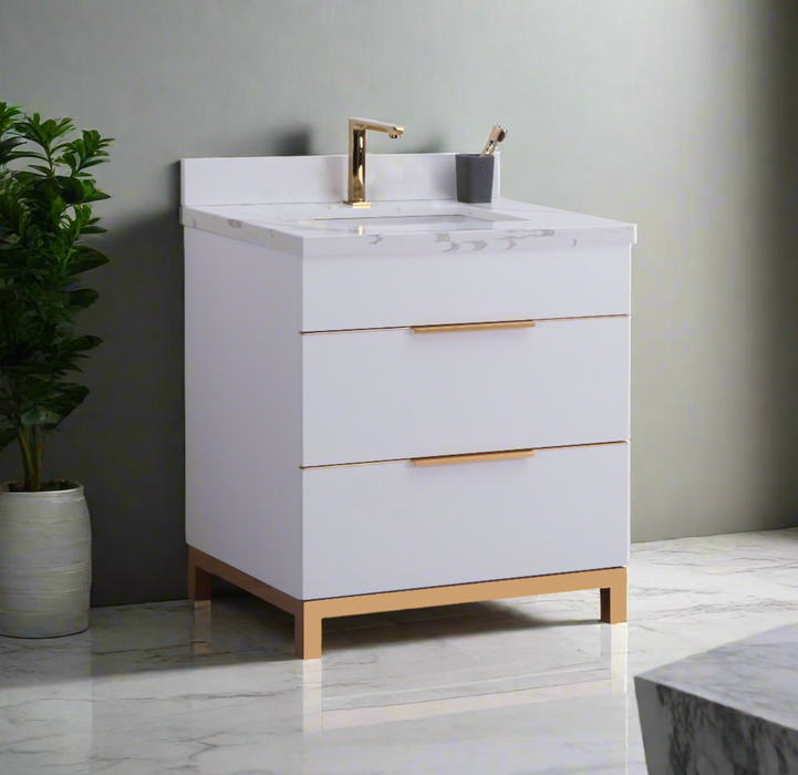 CCS401 - 30" WHITE, Floor Standing Modern Bathroom Vanity, Calcatta Quartz Countertop, Brushed Bronze Hardware """ CLEARANCE- PICK UP IN STORE ONLY """