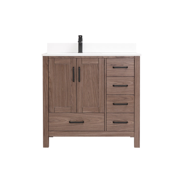 CCS201 - 36" Brown Oak , Floor Standing Modern Bathroom Vanity,  White Quartz Countertop, Matt Black Hardware