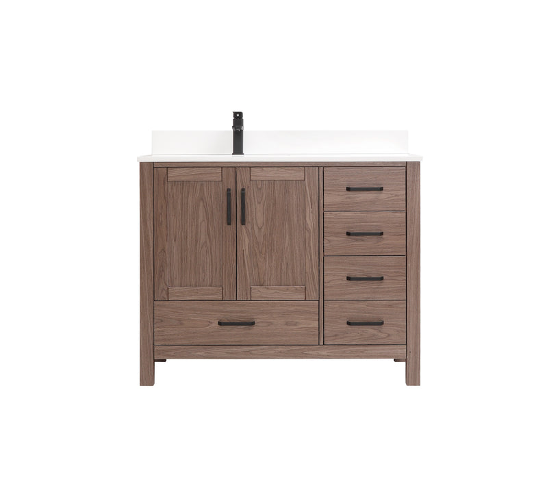 CCS201 - 42" Brown Oak Veneer(Walnut) , Floor Standing Modern Bathroom Vanity, White Quartz Countertop, Matt Black Hardware