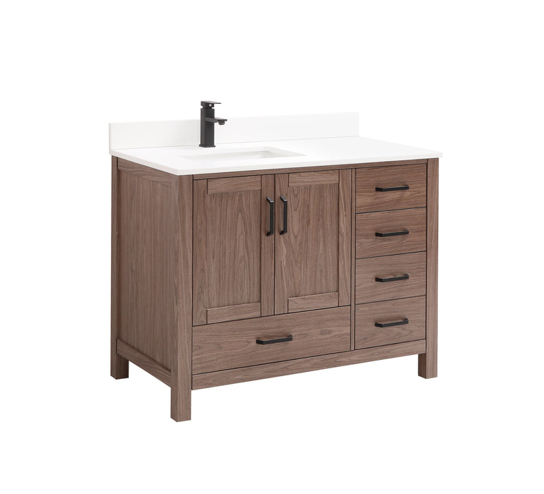 CCS201 - 42" Brown Oak , Floor Standing Modern Bathroom Vanity, White Quartz Countertop, Matt Black Hardware