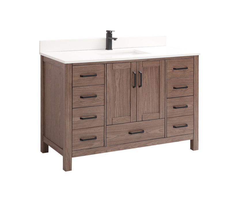 CCS201 - 48" Brown Oak Veneer(Walnut) , Floor Standing Modern Bathroom Vanity, White Quartz Countertop, Matt Black Hardware