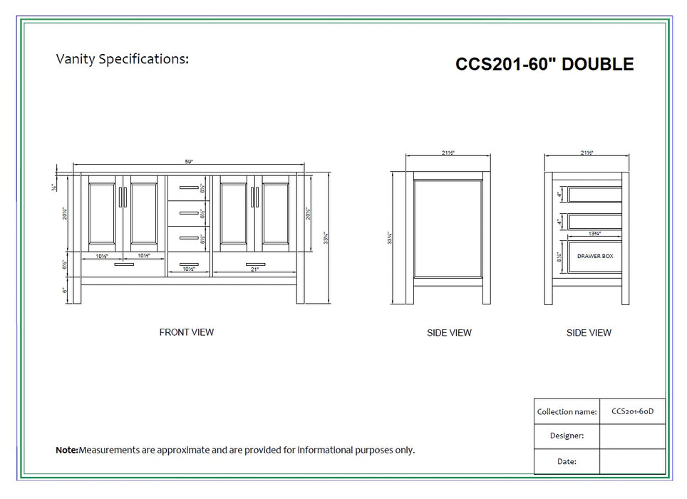 CCS201 - 60" White, Double Sink, Floor Standing Modern Bathroom Vanity ,Pure White Quartz Countertop - Construction Commodities Supply Inc.