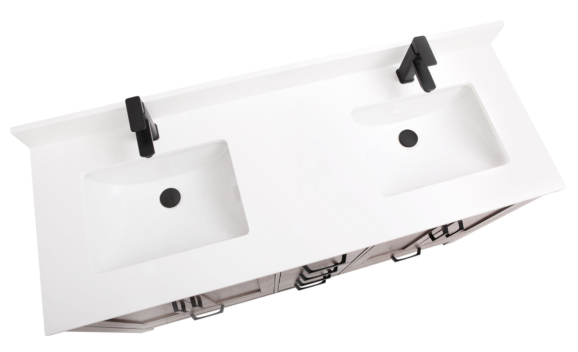 CCS201 - 60",Double Sink, Brown Oak Veneer(Walnut), Floor Standing Modern Bathroom Vanity, White Quartz Countertop, Matt Black Hardware