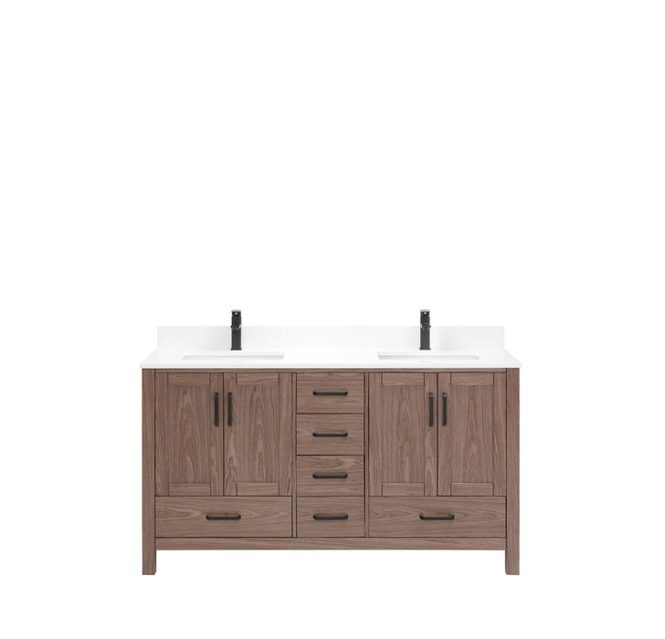 CCS201 - 60",Double Sink, Brown Oak Veneer(Walnut), Floor Standing Modern Bathroom Vanity, White Quartz Countertop, Matt Black Hardware