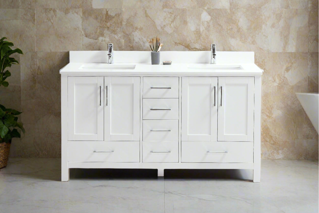 CCS201 - 60" White, Double Sink, Floor Standing Modern Bathroom Vanity With Quartz Countertop