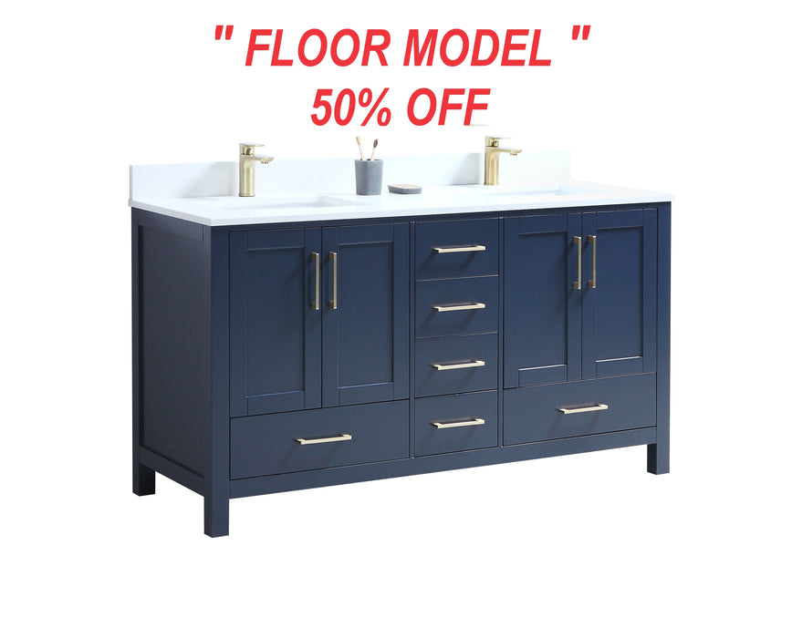CCS201 - 60" Navy Blue, Double Sink, Floor Standing Modern Bathroom Vanity, PURE WHITE QUARTZ Countertop *** FLOOR MODEL ***