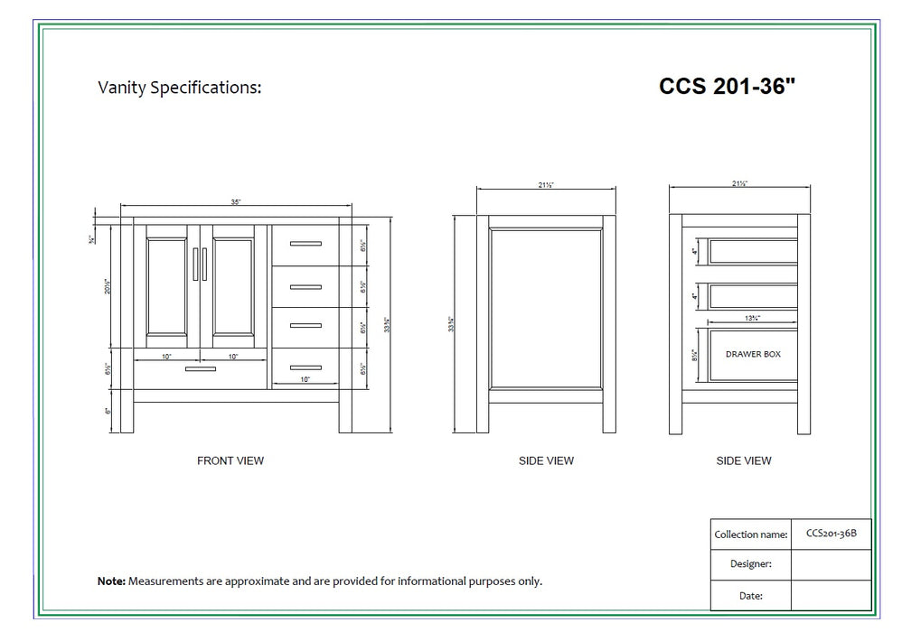 CCS201 - 36" White, Floor Standing Bathroom Vanity with  Quartz Countertop.