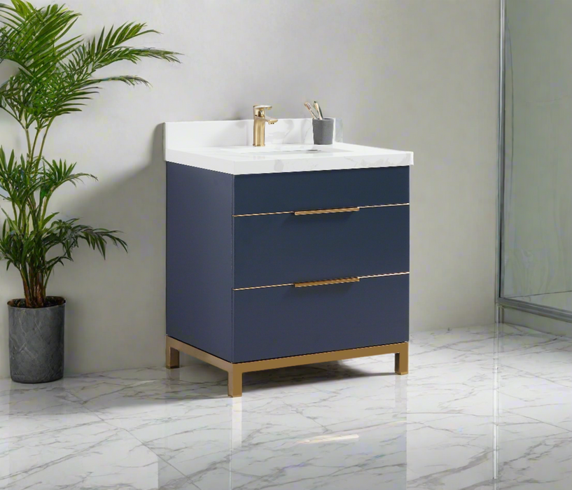 CCS401 - 30" Navy Blue, Floor Standing Modern Bathroom Vanity, Calcatta Quartz Countertop, Bronze Hardware