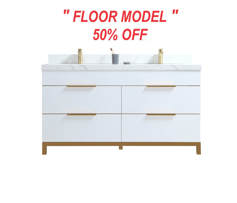 CCS401 - 60" White, Double Sink,Floor Standing Modern Bathroom Vanity, Calcatta Quartz Countertop, Brushed Bronze Hardware "" FLOOR MODEL ""