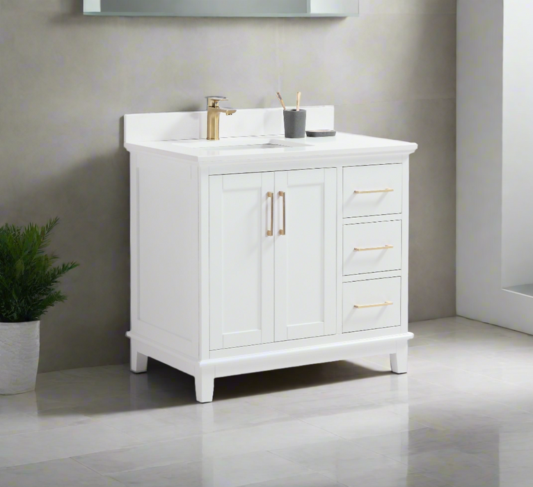 CCS501 - 42" White, Floor Standing Modern Bathroom Vanity, White Quartz Countertop