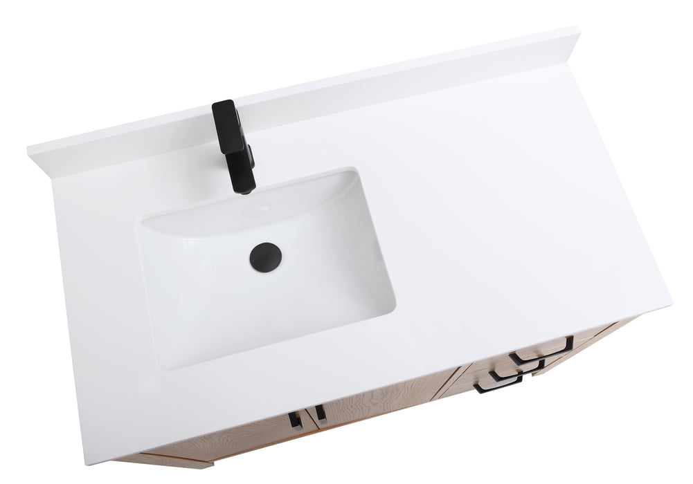 CCS901 - 42" White Oak , Floor Standing Modern Bathroom Vanity, White Quartz Countertop, Matt Black Hardware