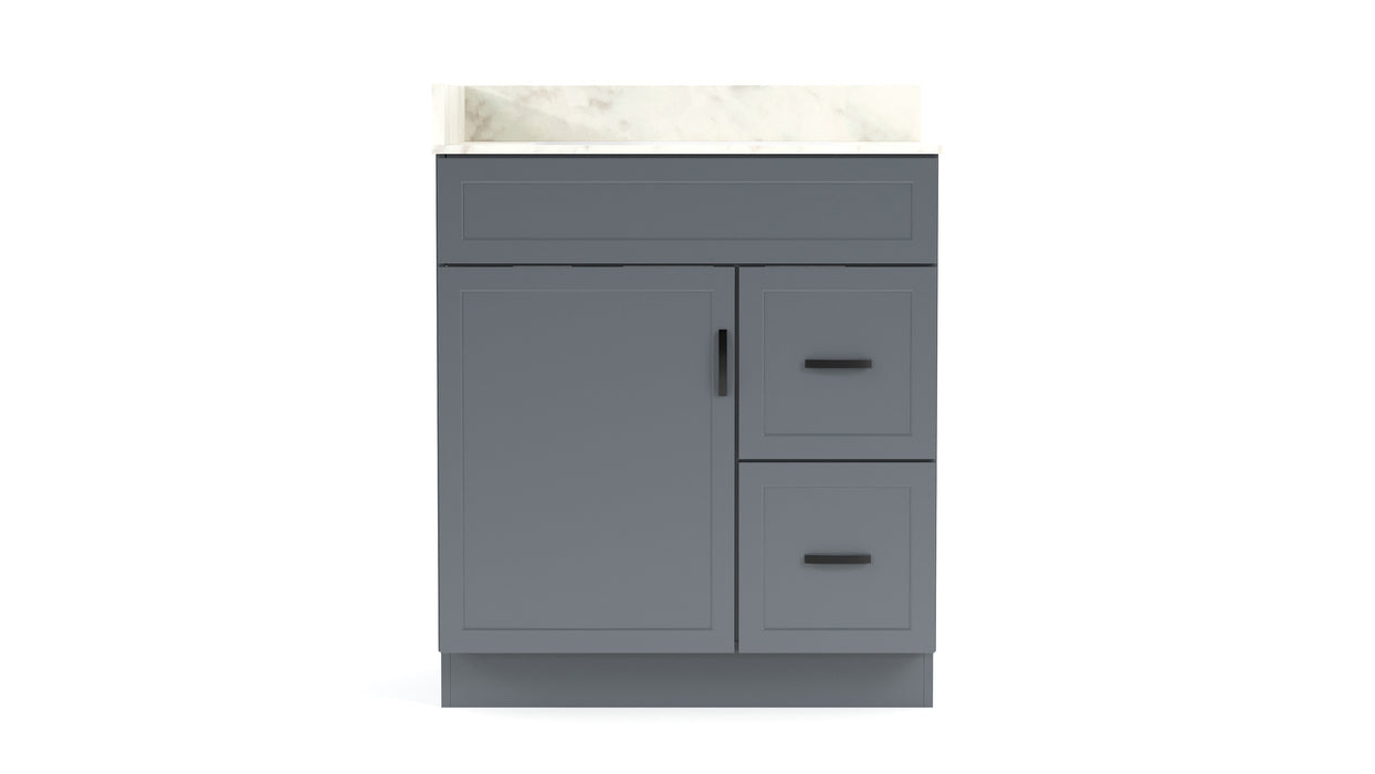 CRUSH - 30"  Narrow Shaker Bathroom Vanity (3 colors) With Quartz Countertop / Right Side Drawers